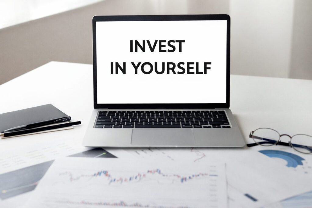 laptop screen with the words Invest In Yourself.
